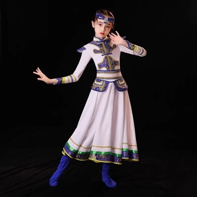 蒙古服族儿童舞蹈演出服男女鄂温克族顶碗舞鸿雁新款少数民族服装图2
