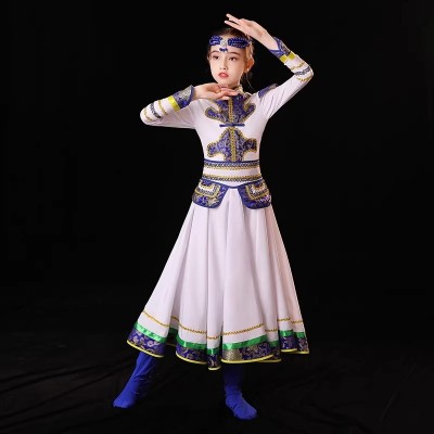 蒙古服族儿童舞蹈演出服男女鄂温克族顶碗舞鸿雁新款少数民族服装图3
