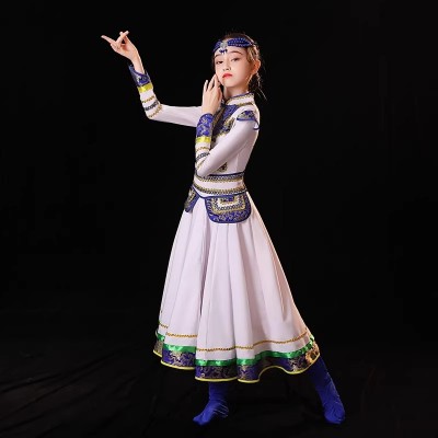 蒙古服族儿童舞蹈演出服男女鄂温克族顶碗舞鸿雁新款少数民族服装图5