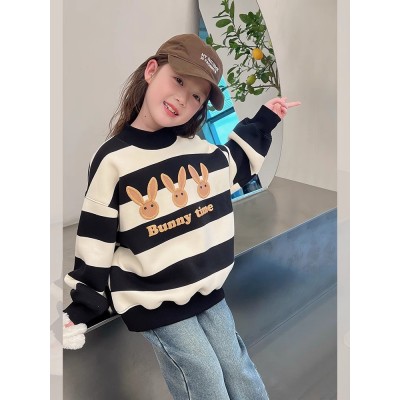 加绒加厚大童装条纹高领卫衣女童中长款洋气上衣儿童冬装新款图3
