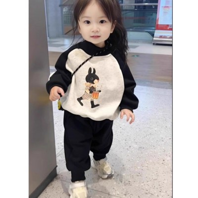 女宝宝卡通套装儿童洋气插肩袖加绒卫衣卫裤男女童加厚休闲幼儿园图2