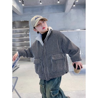 男童秋冬装摇粒绒加厚条纹外套新款儿童装冬季两面穿加绒衣服图2
