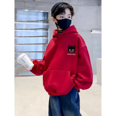 男童红色连帽卫衣加绒加厚冬装新款大儿童冬季一体绒年服上衣图2