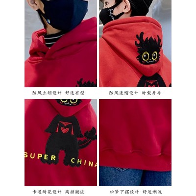 男童红色连帽卫衣加绒加厚冬装新款大儿童冬季一体绒年服上衣图3