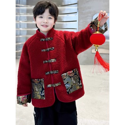 男童毛毛衣冬装新款儿童国潮汉服唐装中大童男孩棉衣外套拜年服图4