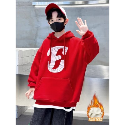 欧哥时尚红色加绒男童冬装连帽红色卫衣一体加绒新款儿童帽衫拜年服过年衣服厚图3