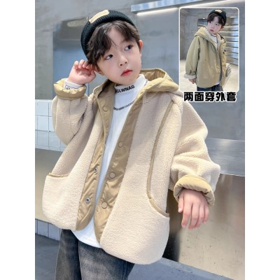 烈童卡其色男童加绒外套秋冬款新款儿童冬季加厚上衣两面穿帅洋气韩版潮图3