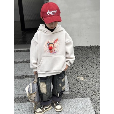 小萨贝贝灰白色加绒加厚男童加绒卫衣秋冬新款连帽儿童冬装洋气女童冬季一体绒上衣潮图2