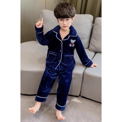 酷尔迪尼藏青色升级加厚男童睡衣秋冬款新款家居服加绒珊瑚绒男孩中大儿童装冬季加厚图4