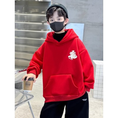 酷尔迪尼中国红男童冬季加绒连帽卫衣秋冬款新款中大儿童冬装年服加厚上衣潮图5