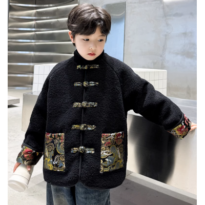 酷尔迪尼黑色男童加绒外套儿童龙年国风新年拜年服秋冬季过年喜庆棉服唐装图3