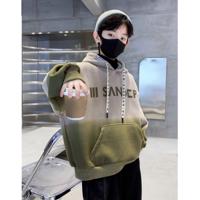 咖小贝芥末绿加绒款男童渐变卫衣加绒一体绒秋冬新款韩版儿童冬装连帽上衣加厚潮图3