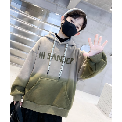 咖小贝芥末绿春秋款男童渐变卫衣加绒一体绒秋冬新款韩版儿童冬装连帽上衣加厚潮图3