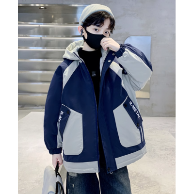 欧哥时尚藏青色男童冬季工装棉衣新款儿童加绒外套冬装中大童炸洋气痞帅棉服图3