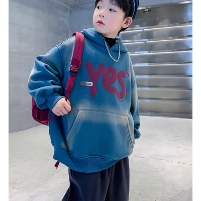 BABY＆HH/宝贝亨亨蓝灰色男童秋冬扎染连帽加绒卫衣新款中大儿童冬季潮牌炸街加厚上衣图2