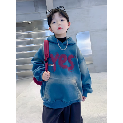 BABY＆HH/宝贝亨亨蓝灰色男童秋冬扎染连帽加绒卫衣新款中大儿童冬季潮牌炸街加厚上衣图3
