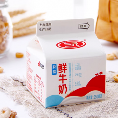 三元 巴氏杀菌乳 脱脂鲜牛奶 屋顶包 250ml*6/箱图1